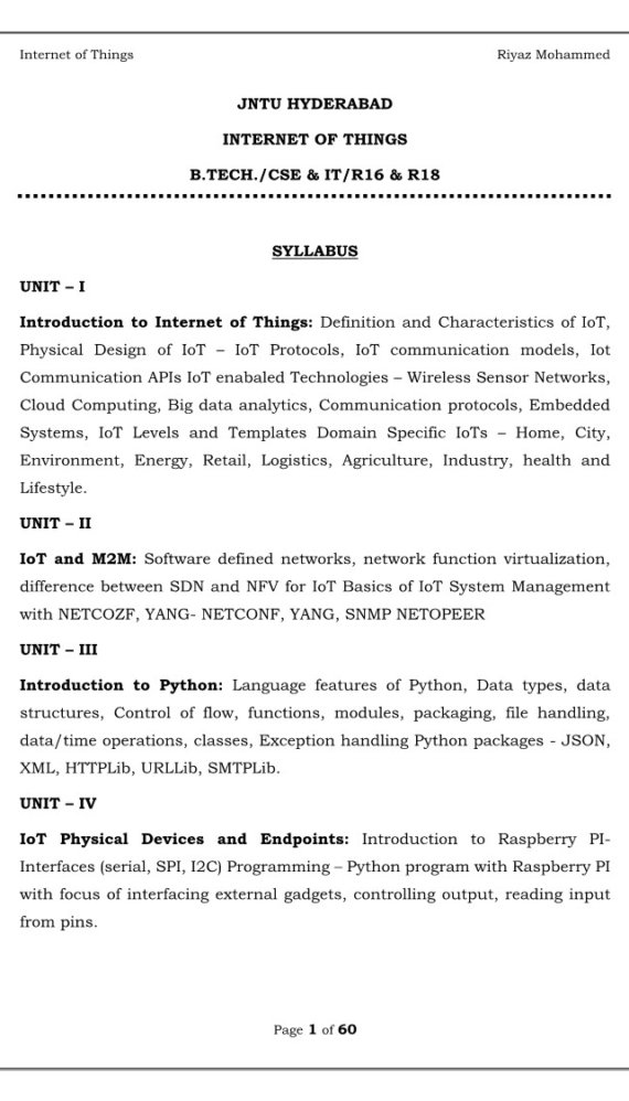 Internet of Things Computerized Notes for Computer Science & Engineering by Riyaz Mohammed