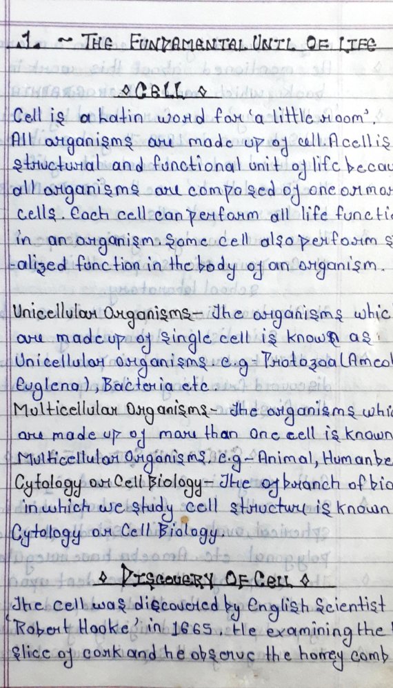 Class 11 BIOLOGY NOTES -CELL ( UNIT OF LIFE ) Handwritten Notes PDF