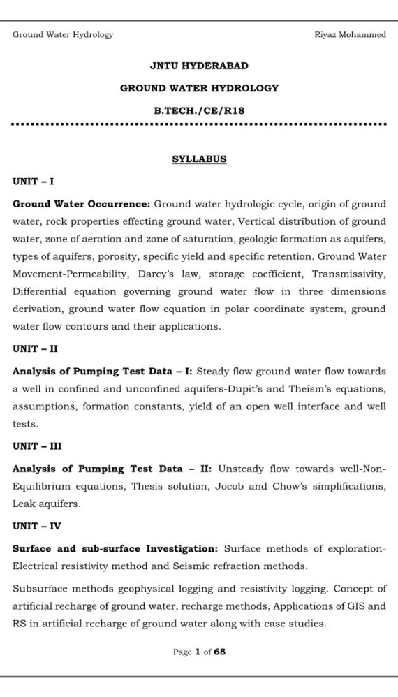 Ground Water Hydrology Computerized Notes for Civil Engineering by Riyaz Mohammed