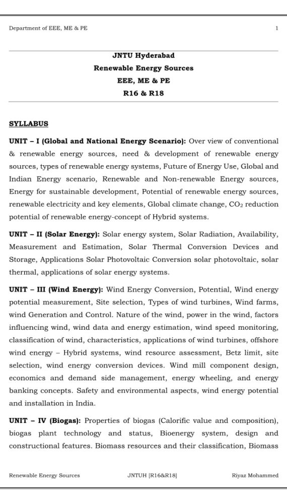 Renewable Energy Sources Computerized Notes for Mechanical Engineering by Riyaz Mohammed