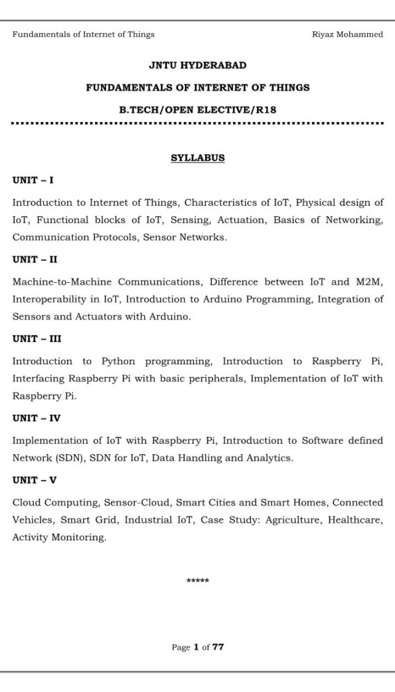Fundamentals of Internet of Things Computerized Notes for Engineering by Riyaz Mohammed