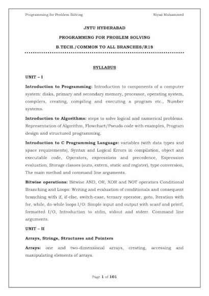 Programming for Problem Solving Computerized Notes for Engineering by Riyaz Mohammed