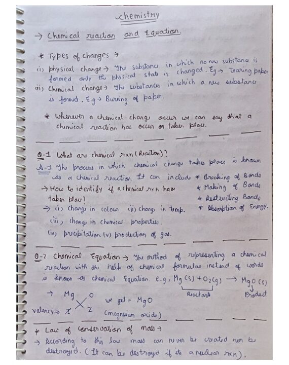 Class 10_Chemistry CH-1_chemical reaction and equation Handwritten NOTES