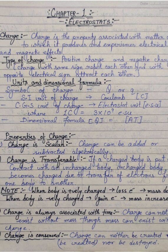 Physics Class 12th Notes Chapter 1 (Electrostatics) Handwritten Notes PDF