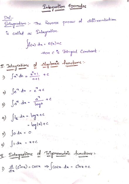 Integration formulas Handwritten Notes PDF Download