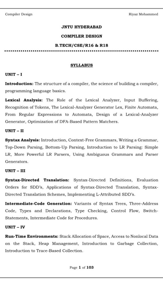 Compiler Design Computerized Notes for Computer Science & Engineering by Riyaz Mohammed