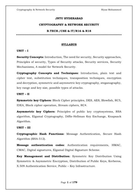Cryptography & Network Security Computerized Notes for Computer Science & Engineering by Riyaz Mohammed