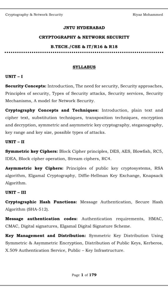 Cryptography & Network Security Computerized Notes for Computer Science & Engineering by Riyaz Mohammed