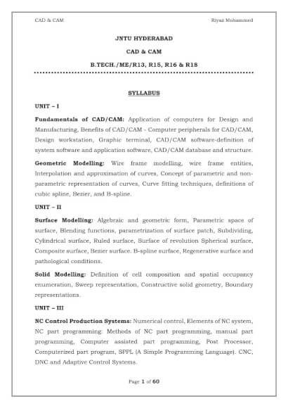 CAD & CAM Computerized Notes for Mechanical Engineering by Riyaz Mohammed Download PDF