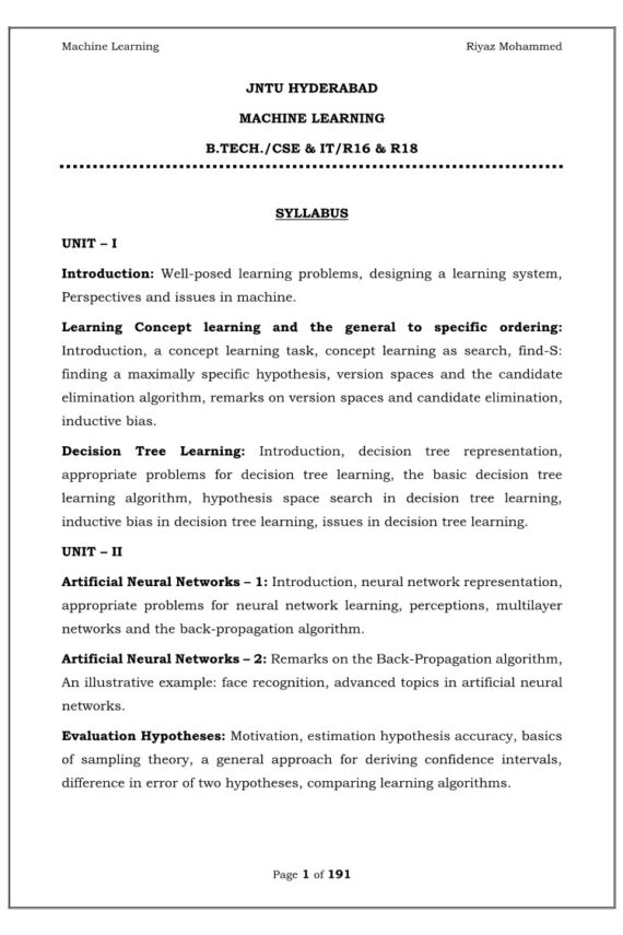 Machine Learning Computerized Notes for Computer Science & Engineering by Riyaz Mohammed