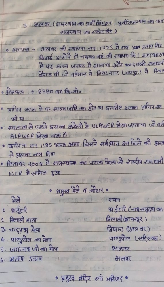 अलवर जिला दर्शन Handwritten Notes PDF | Rajasthan History