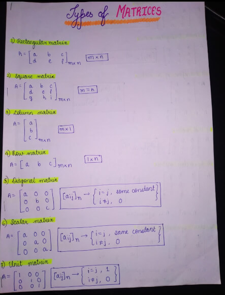 Mathematics: Types Of Matrices Handwritten Notes PDF for JEE and Board Exams