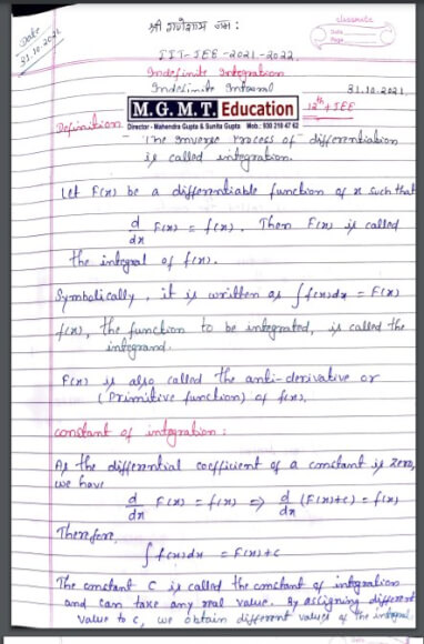 Indefinite Integration Class 12th, IIT - JEE, NDA handwritten notes PDF