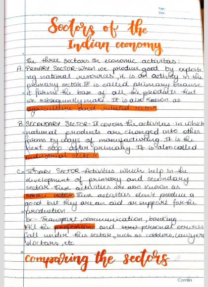 Class 10 economics-sectors of Indian Economy Handwritten Notes PDF Download