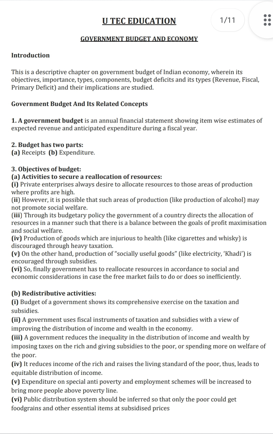 Government Budget Notes Class 12 Economics Notes PDF – Shop