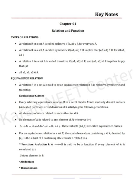Class 12th Maths full syllabus Keynotes PDF
