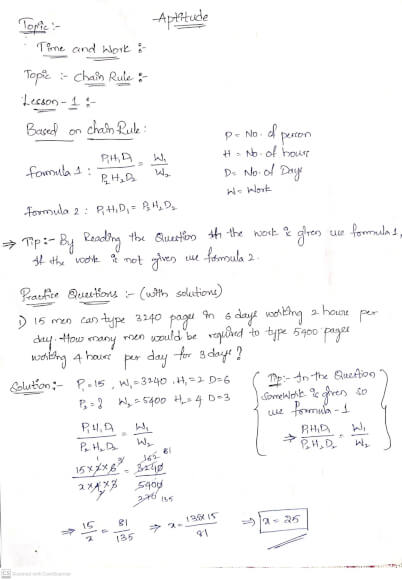 Time and Work- Chain Rule with Tips and tricks Handwritten Notes PDF