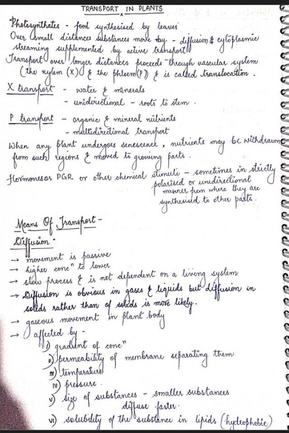 Transport In Plants Handwritten Notes PDF Download