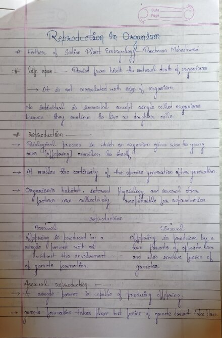 Class 12 Reproduction In Organisms handwritten notes for cbse term 2 and  neet
