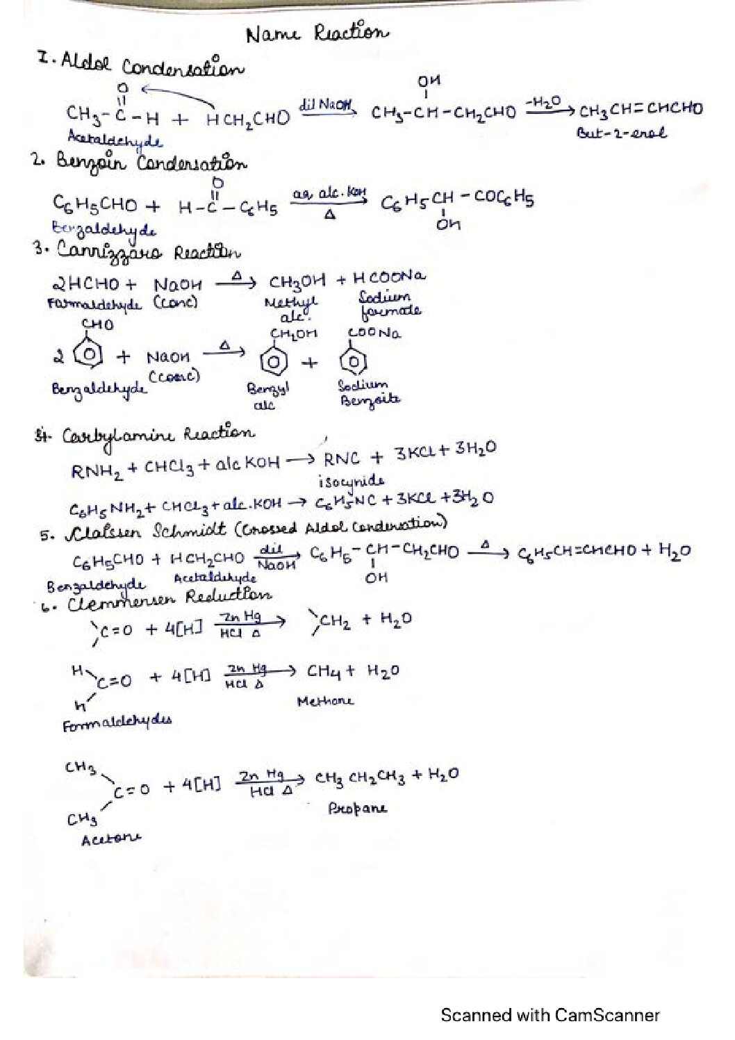 Named Reactions Organic Chemistry ISC Class 12 Sem 2 Handwritten Notes 