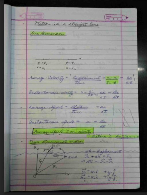 Motion in Straight line handwritten notes by Kota Student
