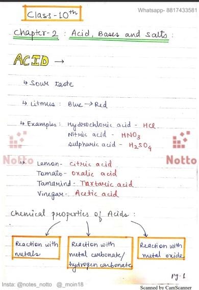 Chemistry Class-10 Acids, Bases and Salts Handwritten Notes CBSE