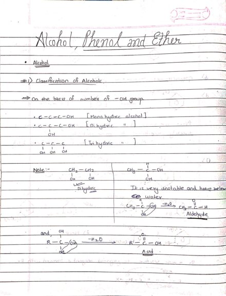 Alcohol, Phenol and Ether Class 12 | Organic chemistry handwritten notes