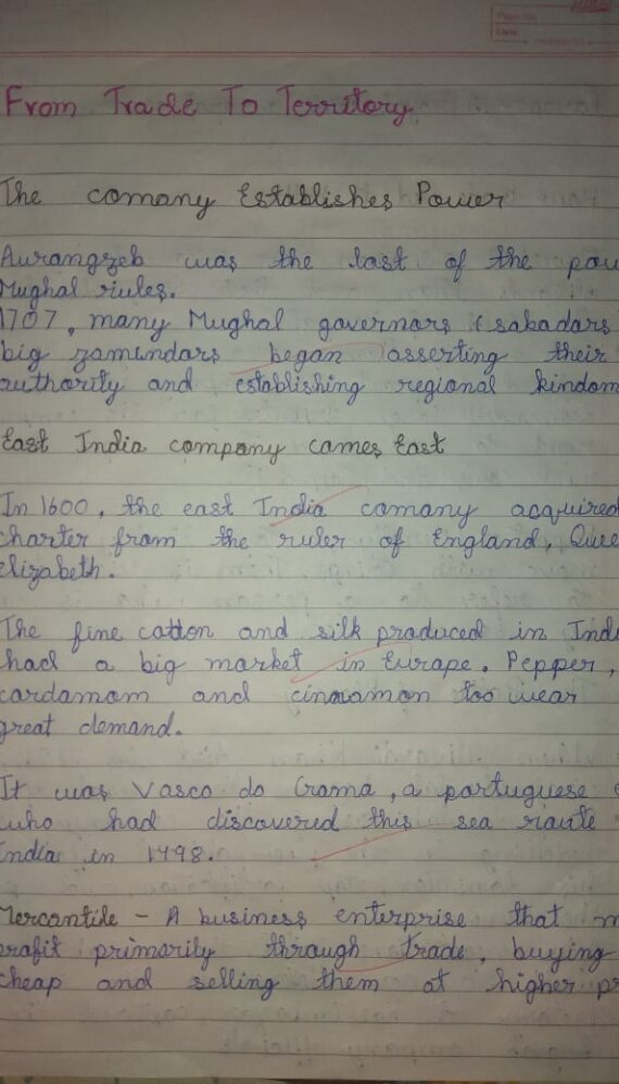 From trade to territory class 8 th history hand written notes
