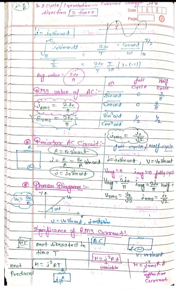 Alternate current Handwritting Notes for IIT JEE and NEET/CUET/NDA/Board