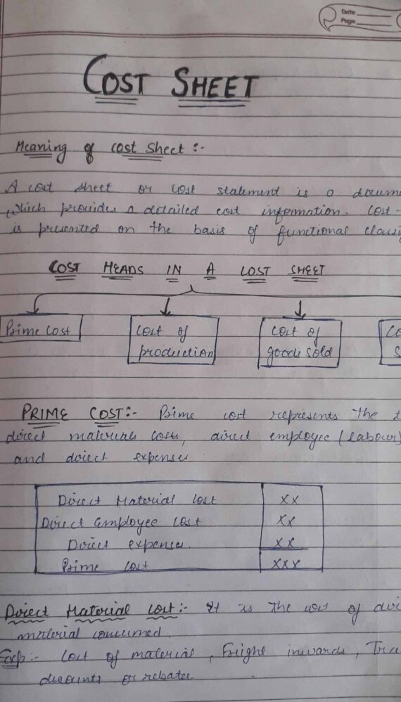 Cost sheet notes written by Mandeep Kaur