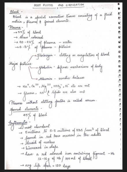 Body Fluids And Circulation Handwritten Notes PDF