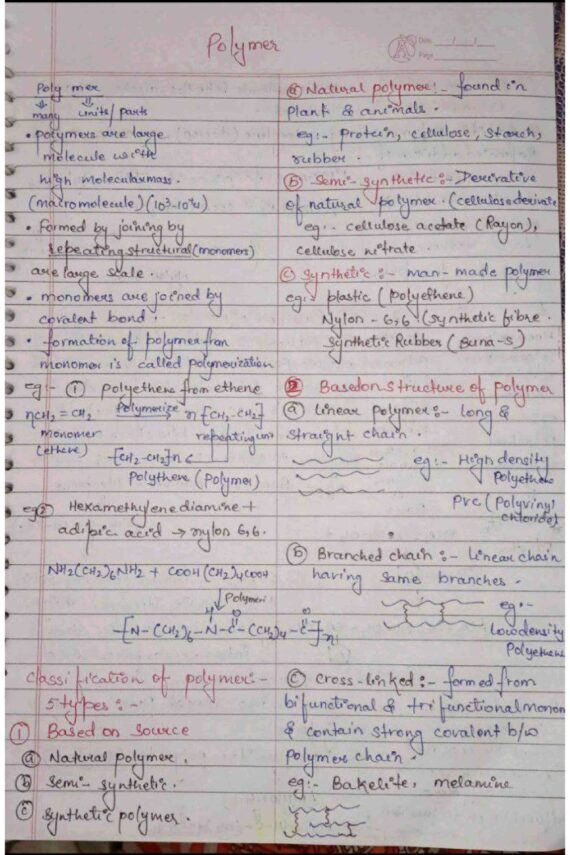 Chapter 15- Polymer class 12 Chemistry notes for cbse board and NEET or jee