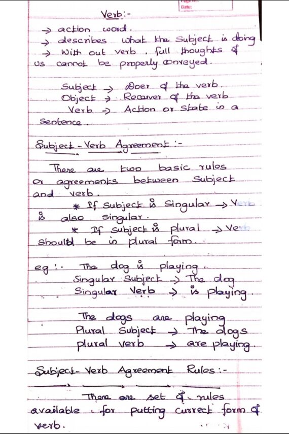 verb & subject verb agreement Handwritten Notes PDF