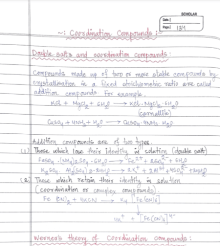 COORDINATION COMOPOUNDS NOTES FOR JEE CLASS 12 Handwritten Notes PDF