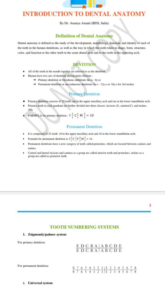 Introduction to Dental anatomy Handwritten Notes PDF