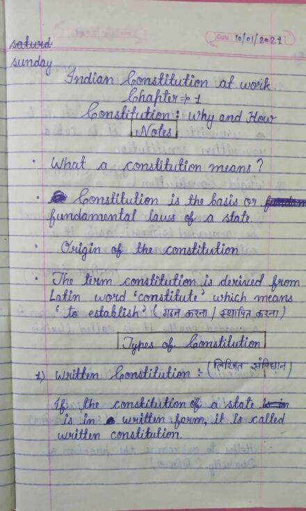 Indian Constitution at work handwritten notes in English for class 11th and other competitive exams