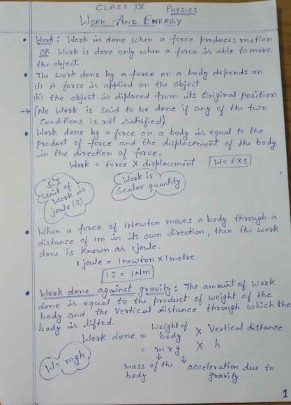 Physics class 9 work and energy Handwritten Notes PDF