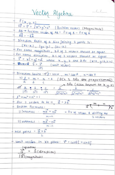 Vector Algebra Formulae and Notes Class 12 Handwritten Notes PDF