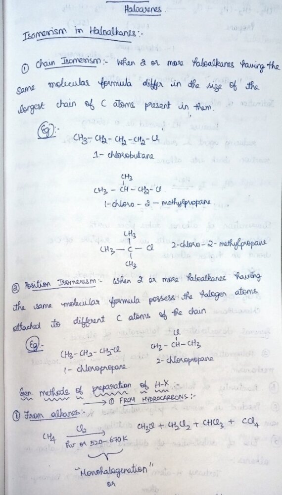 Haloalkanes and Haloarenes Class 12 ISC Notes Handwritten Notes