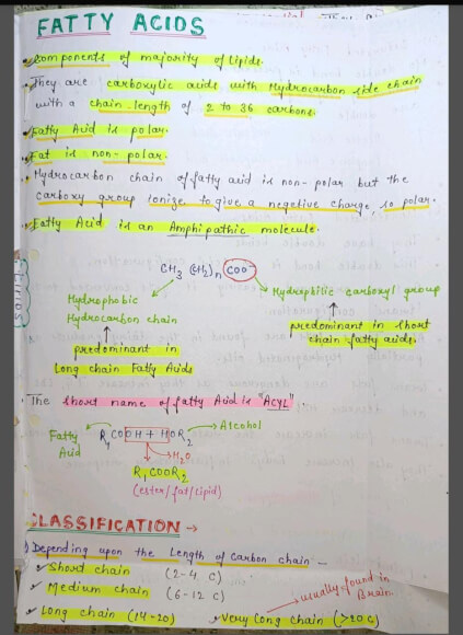 Fatty acids Notes PDF - Best Handwritten Notes for MBBS, NEET and Competition
