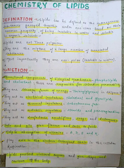 Chemistry of lipids Notes PDF - Best Handwritten Notes for MBBS, NEET and Competition