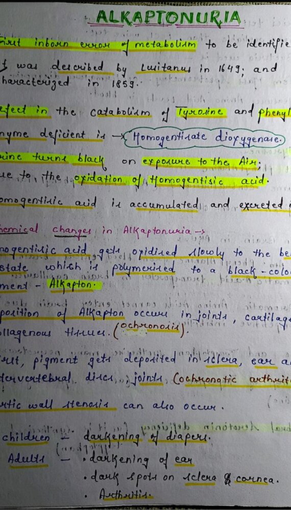 Alkaptonuria Notes PDF - Best Handwritten Notes for MBBS, NEET and Competition