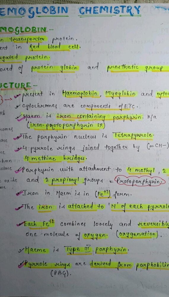 Hemoglobin chemistry Notes PDF - Best Handwritten Notes for MBBS, NEET and Competition