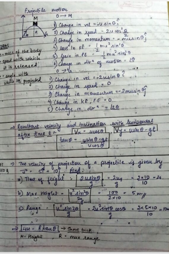 NEET physics Notes for class 11 and 12: Projectile motion, Ray optics, Simple harmonic motion, Elasticity