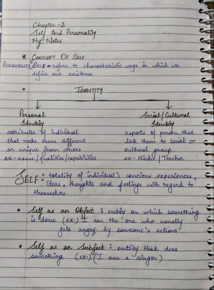 Class 12 - Psychology : Chapter 2 (SELF & PERSONALITY) Handwritten Notes PDF