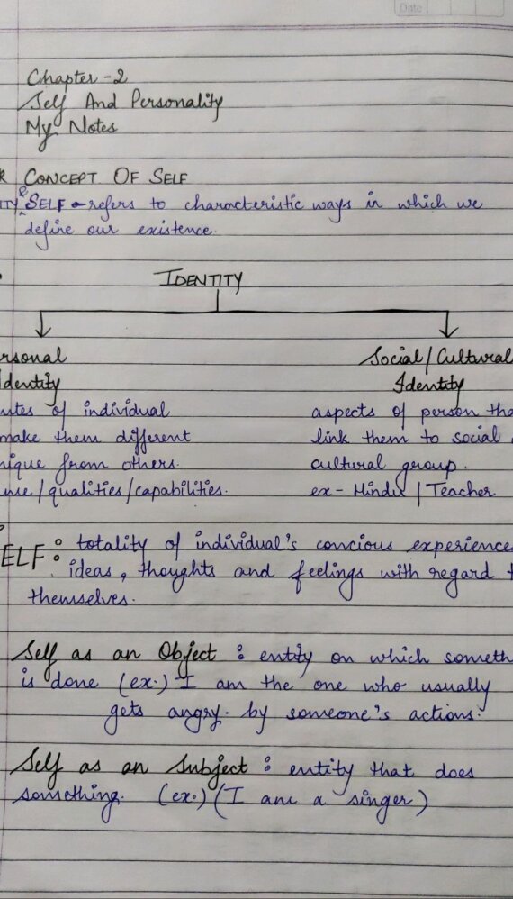Class 12 - Psychology : Chapter 2 (SELF & PERSONALITY) Handwritten Notes PDF