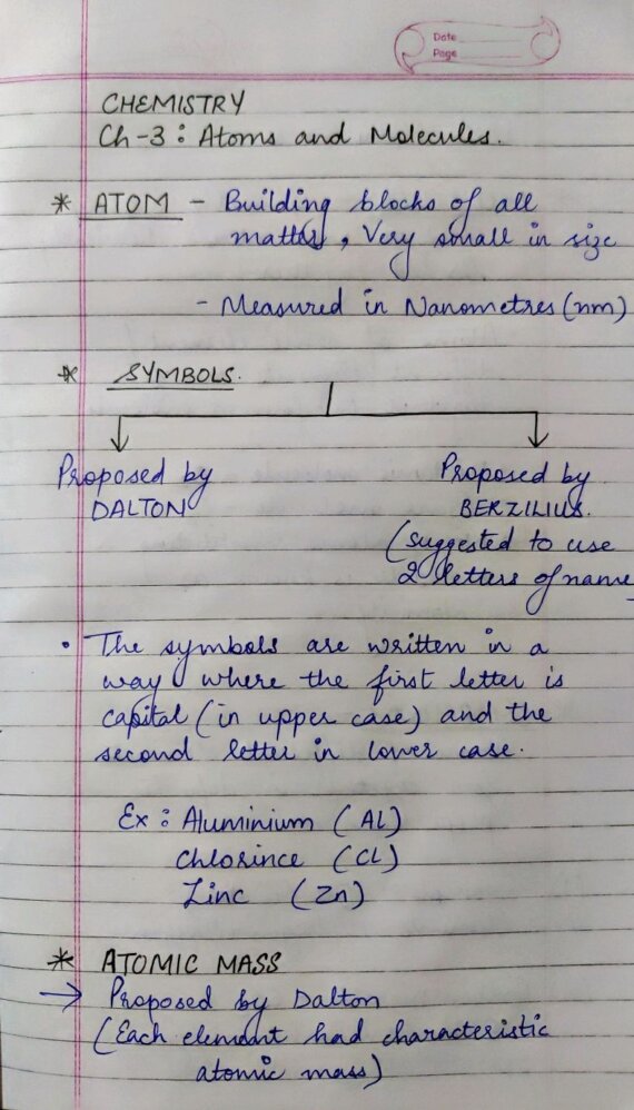 CLASS 9 - CHEMISTRY : Chapter 3 (Atoms & Molecules) Handwritten Notes PDF