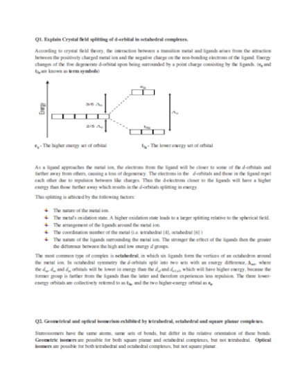 BSc Inorganic Chemistry (Semester III) - Crystal field Splitting With sample questions on CFSE