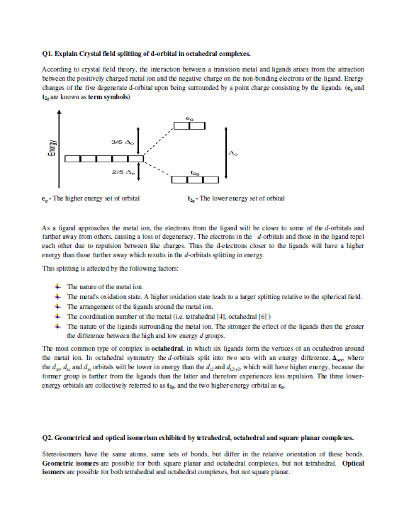 BSc Inorganic Chemistry (Semester III) - Crystal field Splitting With sample questions on CFSE