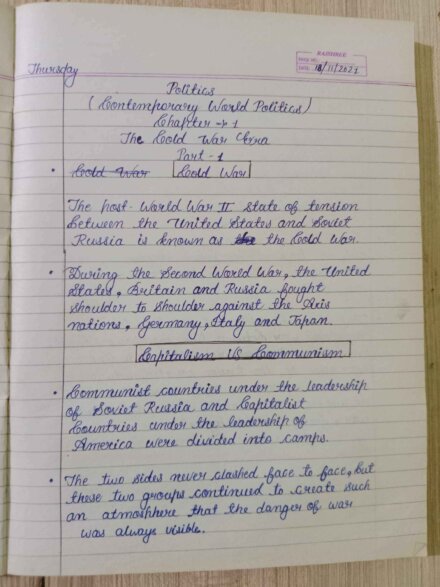 Contemporary World Politics Handwritten notes in English for class 12th( NCERT/ CBSE),UPSC and other competitive exams